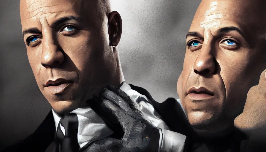 Prompt: Digital painting of Vin Diesel as James Bond, hyperdetailed, artstation, cgsociety, 8k