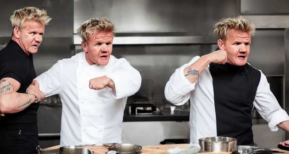 Image similar to photo of angry furious Gordon Ramsay punching Gordon Ramsay at the kitchen