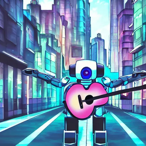 Image similar to A cell animation of a robot playing guitar standing in a futuristic city street, macross, gundam, ghibli style, illustration, anime, trending on artstaion