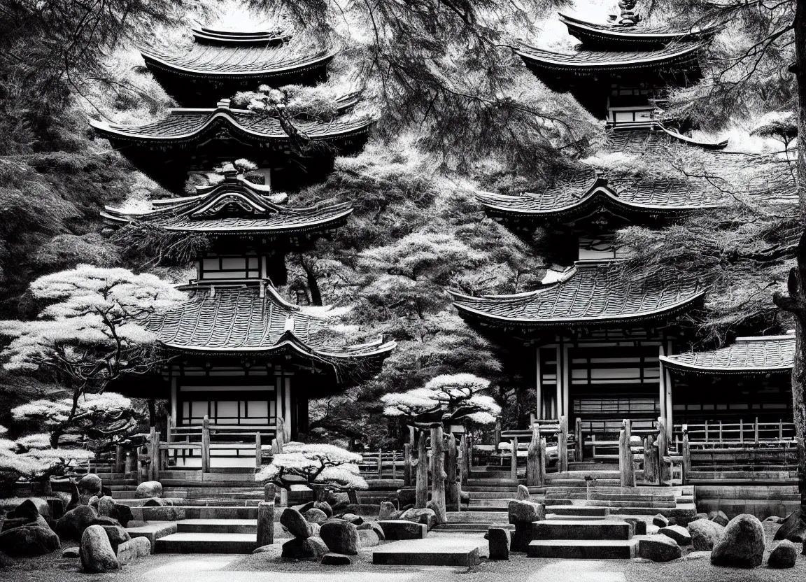 Image similar to realistic forest with an ancient Japanese shrine, Japanese Style, Monochrome, Plotter-art