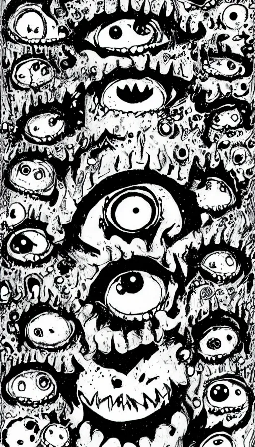 Image similar to a storm vortex made of many demonic eyes and teeth, by jhonen vasquez