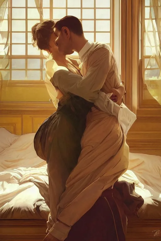 Image similar to portrait of a man in dhl uniform hugging his wife in a bed, feelings, romantic, fantasy, intricate, elegant, highly detailed, digital painting, artstation, concept art, smooth, sharp focus, illustration, art by artgerm and greg rutkowski and alphonse mucha