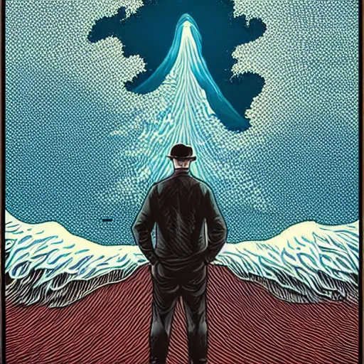 Prompt: a man standing in front of a giant wave, poster art by Jeffrey Smith, behance contest winner, pop surrealism, concert poster, poster art, movie poster