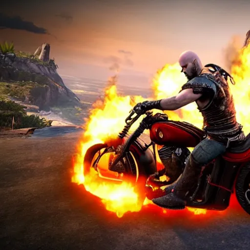 Image similar to kratos riding a black harley - davidson motorcycle off a cliff, cinematic render, playstation studios official media, god of war 2 0 1 8, flames, centered