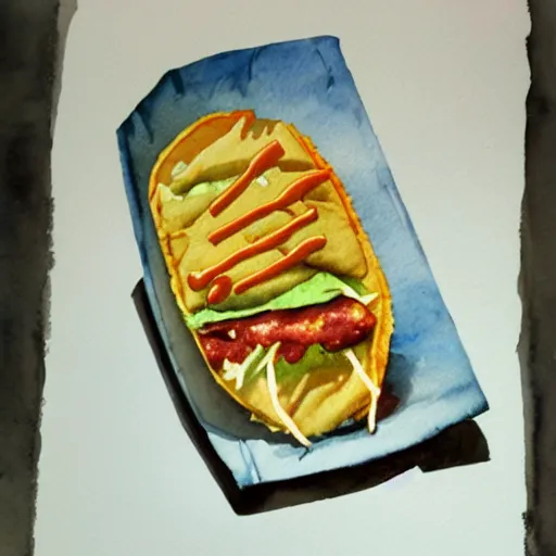 Prompt: a watercolor painting of a taco bell crunchwrap supreme, super high quality