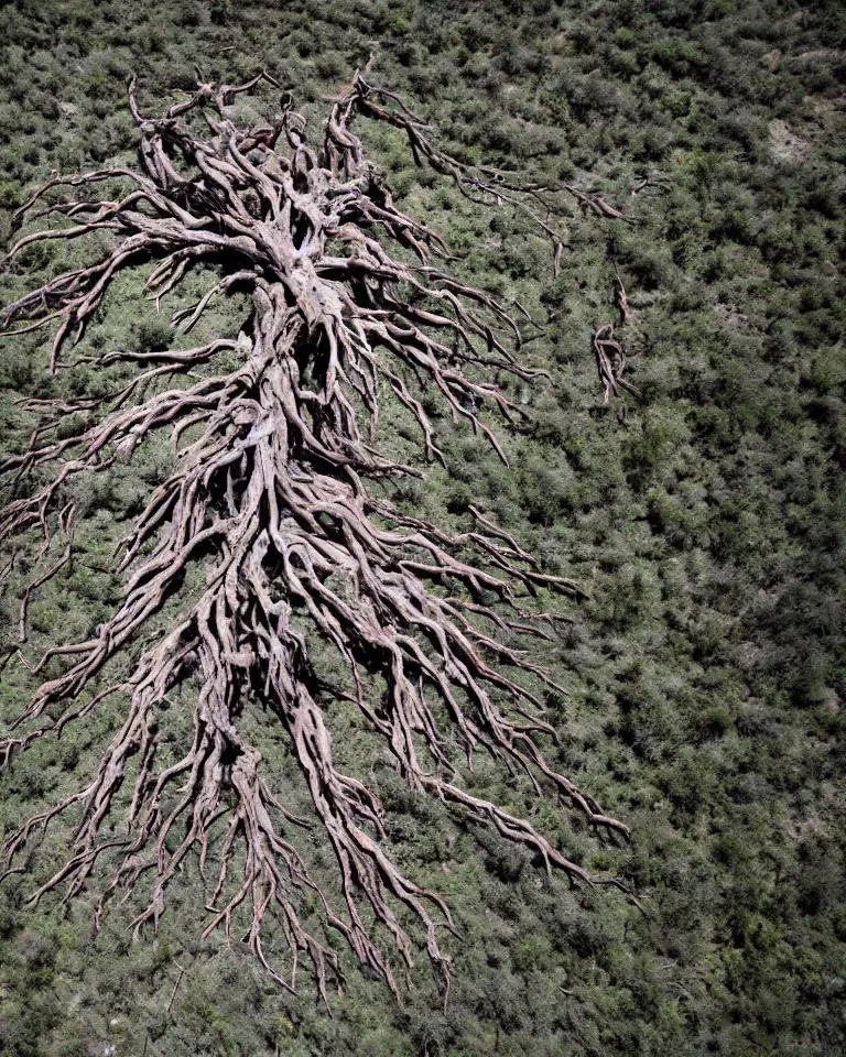 Prompt: A giant mythical wretched tree made of human flesh, limbs and bones growing on corpses in the middle of a desert canyon. Bird view.