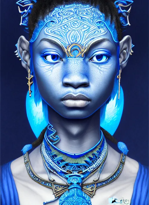 Image similar to : blue avatar, fantasy magic,, intricate, sharp focus, illustration, highly detailed, digital painting, concept art, jahbu art and paul lewin and kehinde wiley, masterpiece