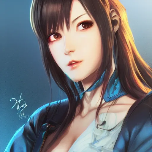 Image similar to tifa lockhart portrait, pale blue and gold kimono, art by artgerm, wlop, loish, ilya kuvshinov, 8 k realistic, hyperdetailed, beautiful lighting, detailed background, depth of field, symmetrical face, frostbite 3 engine, cryengine