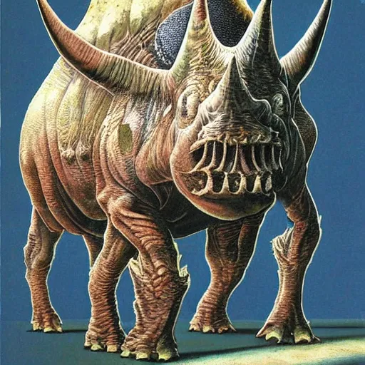 Image similar to a realistic triceratops concept art, by william stout and wayne barlowe