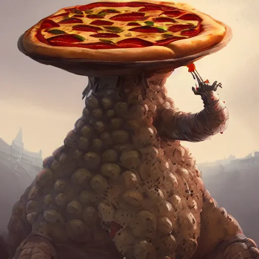 Prompt: ultra realistic illustration of pizza golem, intricate, fantasy italy, elegant, highly detailed, digital painting, artstation, concept art, smooth, sharp focus, illustration, art by tim mcburnie and conar cross and anato finnstark