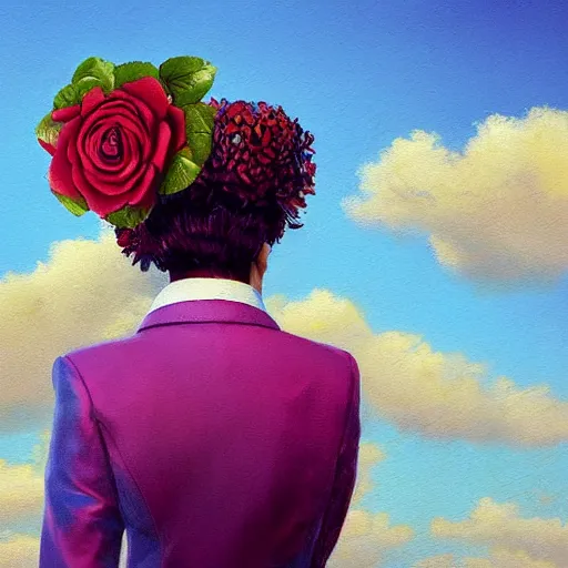 Image similar to closeup, large rose flower head, frontal, girl in a suit, surreal photography, sunrise, blue sky, dramatic light, impressionist painting, digital painting, artstation, simon stalenhag