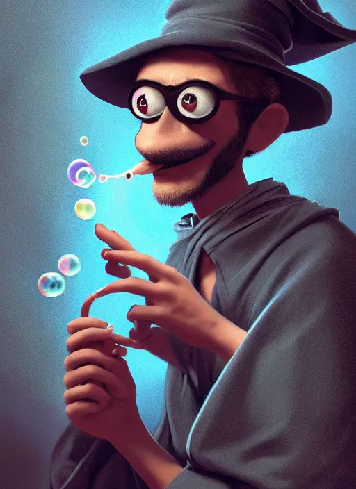 Prompt: an anthropomorphic beautiful male wizard portrait blowing bubbles wearing blue robe, fine art, award winning, intricate, elegant, sharp focus, octane render, hyperrealistic, wizard hat cinematic lighting, highly detailed, digital painting, 8 k concept art, art by jamie hewlett and z. w. gu, masterpiece, trending on artstation, 8 k