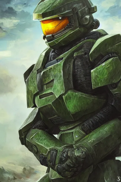 Image similar to bulbasaur playing as master chief, oil on canvas, intricate, portrait, 8 k highly professionally detailed, hdr, cgsociety