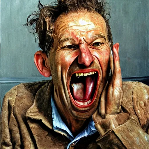 Image similar to high quality high detail painting by lucian freud, hd, screaming man, photorealistic lighting