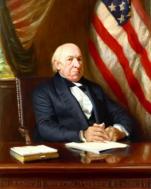 Prompt: facial portrait of the united states president, an ugly 7 8 year old wrinkled man for arizona, resolute desk, 1 8 4 8, oil on canvas by william sidney mount, trending on artstation, national archives