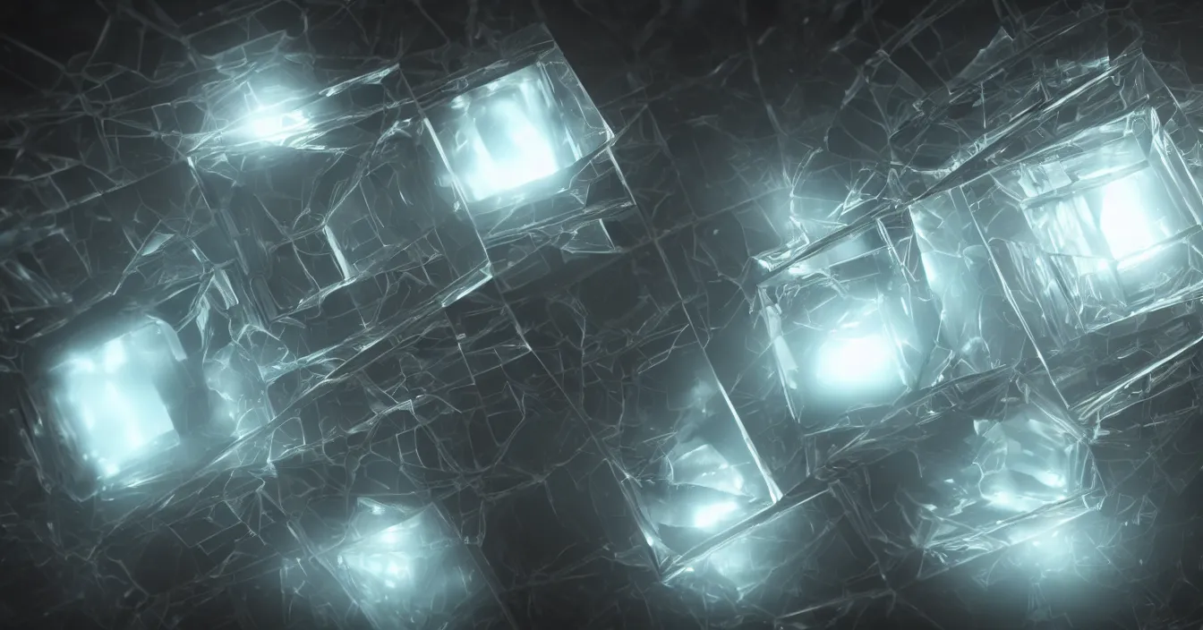 Prompt: Scifi concept art of glass tesseract, difraction from back light, defocused background with dark room, volumetry scattering, rendered in Vray, high samples