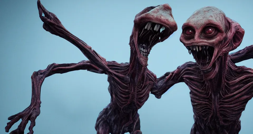 Image similar to still from a horror movie of grotesque alien lunging towards the camera, highly detailed, horror movie scene, unreal engine, octane render, natural light outside