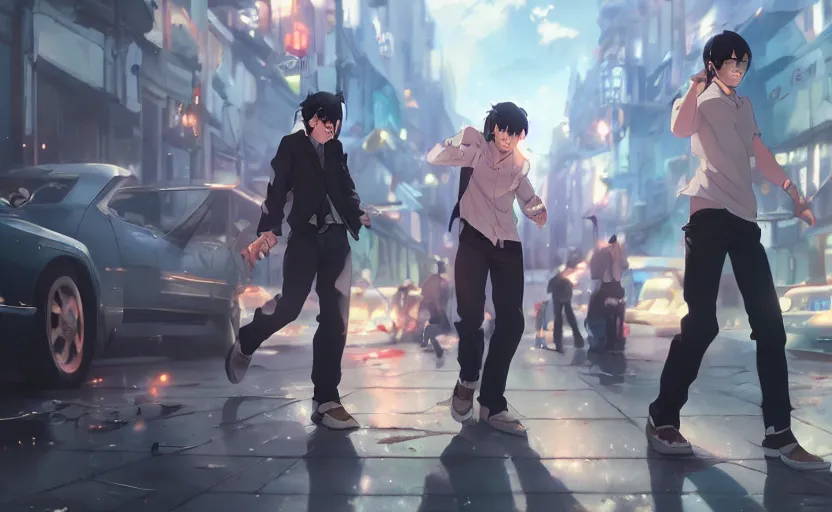 Prompt: a street fight, full shot, atmospheric lighting, detailed faces, by makoto shinkai, stanley artgerm lau, wlop, rossdraws