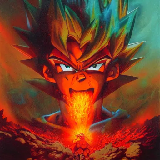 Image similar to goku in hell by paul lehr and moebius