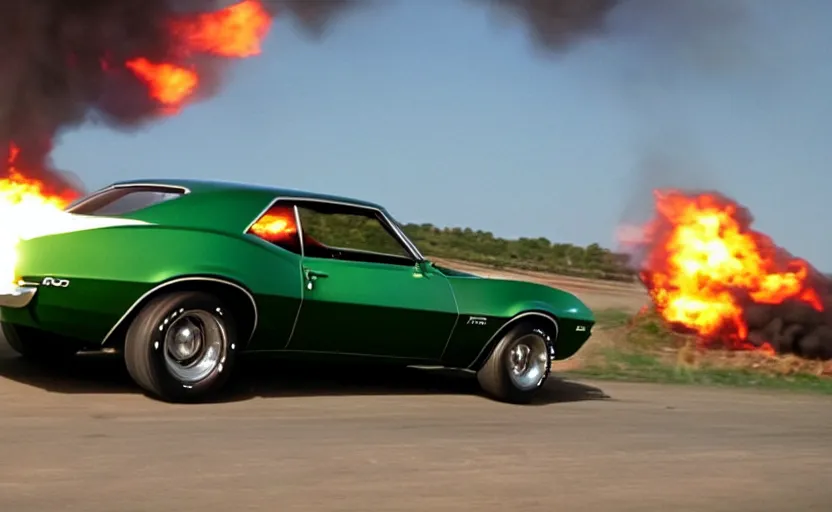 Prompt: a green 1 9 6 9 chevrolet camaro zl driving i high speed, fire explosion in the background