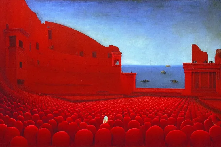 Image similar to only with red, a red great emperor, taormina amphitheatre, crowd with big smile, in the style of beksinski, parts by edward hopper, parts by rodcenko, parts by yue minjun, intricate and epic composition, red by caravaggio, insanely quality, highly detailed, masterpiece, red light, artstation, 4 k