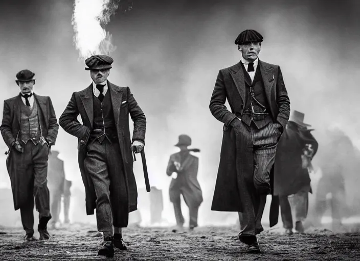 Image similar to an action scene from peaky blinders, medium long shot, 3 / 4 shot, full body picture of cillian murphy and tom hardy, sharp eyes, serious expressions, detailed and symmetric faces, black and white, epic photo by talented photographer ansel adams,