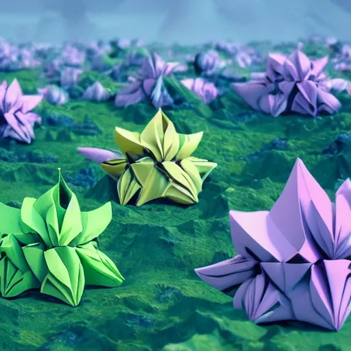 Image similar to an epic flowering alien landscape in the style of origami, 8 k, cinematic light, artstation