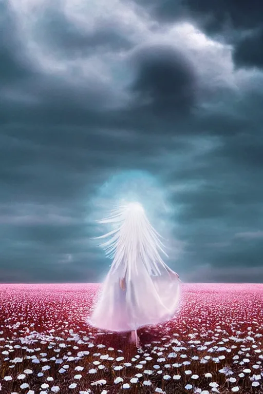 Image similar to giant white daisy flower on head, veiled girl walking in a flower field, surreal photography, sunrise, dramatic light, impressionist painting, colorful clouds, digital painting, artstation, simon stalenhag