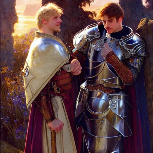 Image similar to attractive arthur pendragon and his favourite attractive male knight, they are in love, camelot, natural lighting, path traced, highly detailed, high quality, digital painting, by gaston bussiere and ross tran and j. c. leyendecker and alphonse mucha