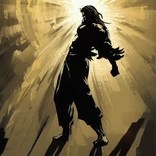 Prompt: jesus in a jojo dramatic pose, illustration by yoji shinkawa and greg rutkowski