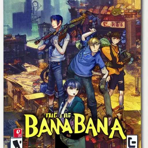 Prompt: The Banana Blue Gang, game poster printed on playstation 2 video game box , Artwork by Akihiko Yoshida, cinematic composition