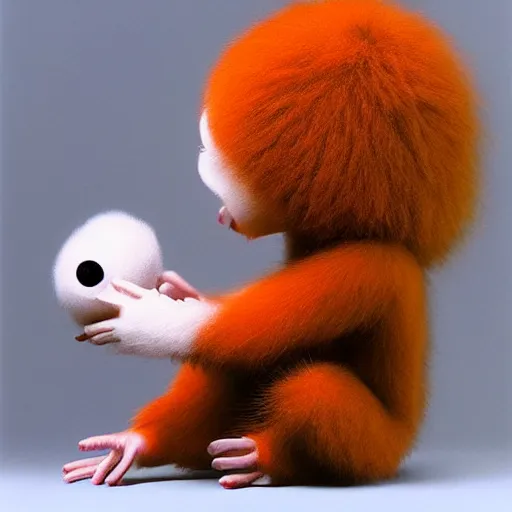 Prompt: hyper realistic cute fluffy Cheburashka with big ears and big eyes, tangerine in hands, by Edward Hopper and James Gilleard, Zdzislaw Beksisnski, higly detailed