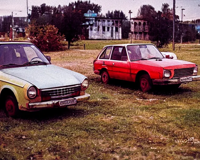 Image similar to a lomographic photo of old lada 2 1 0 7 standing in typical soviet yard in small town, hrushevka on background, cinestill, bokeh