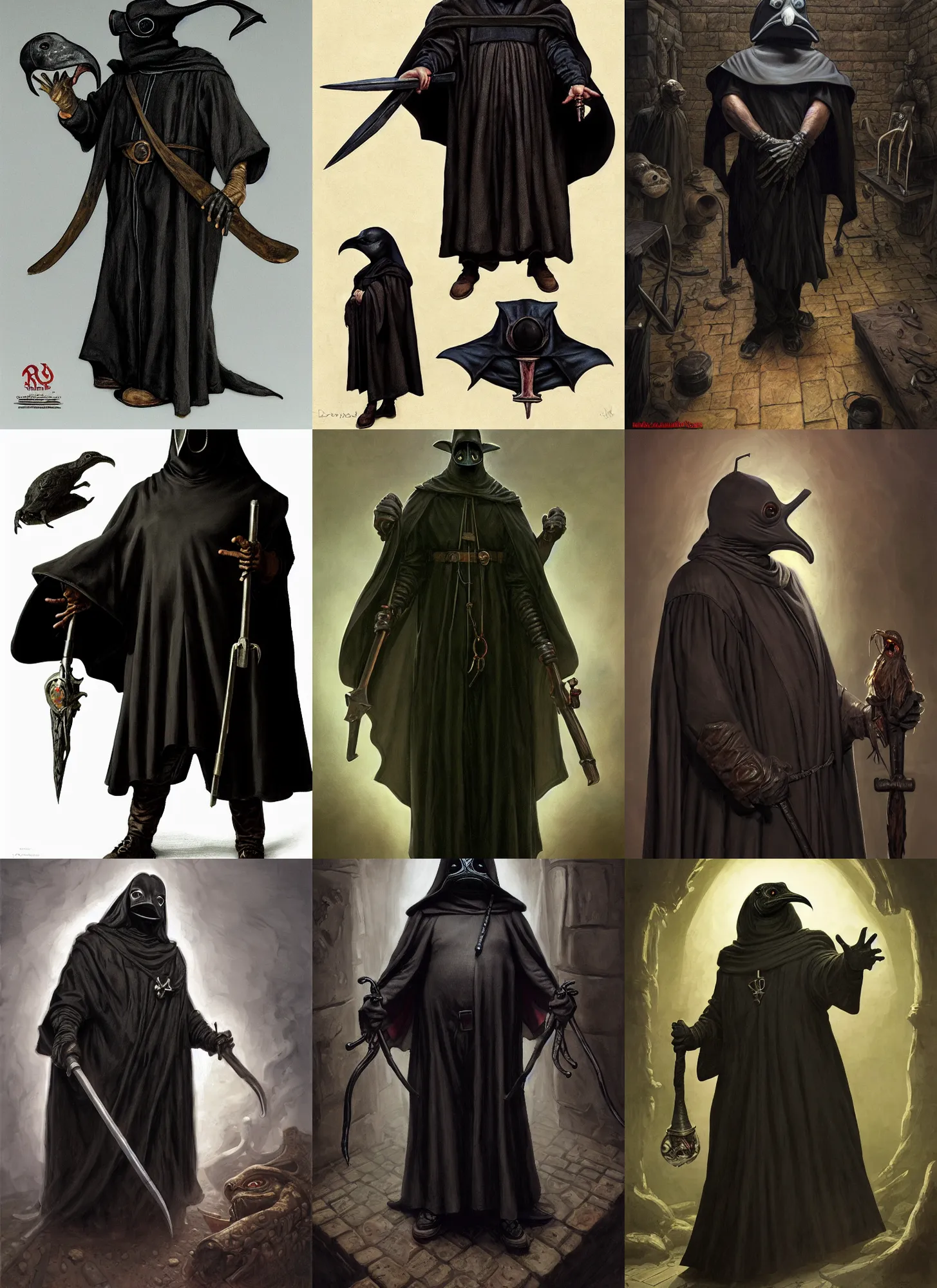 Prompt: a portrait, a plump amphibious humanoid wearing a pointy bird style black plague doctor mask, short in stature, wearing black medieval robes, medical doctor, medieval, style by donato giancola, wayne reynolds, jeff easley dramatic light, high detail, cinematic lighting, artstation, dungeons and dragons