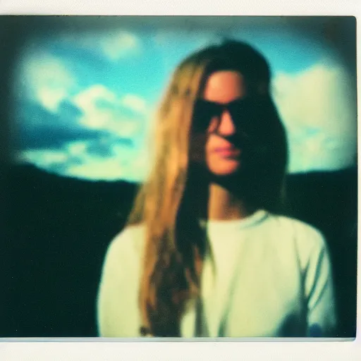 Image similar to a polaroid portrait of a beautiful young woman, detailed clouds, lit from behind, sunshine, golden hour, heavy film grain, color bleed