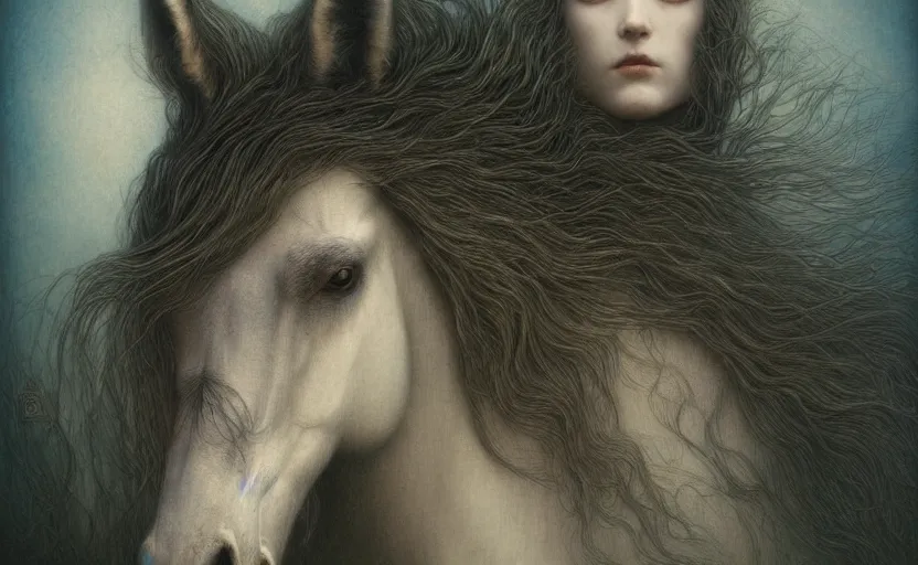 Image similar to horse rabbit hybrid character portrait by jean delville, tom bagshaw, brooke shaden, gustave dore and marco mazzoni, studio ghibli style, high fantasy, detailed fur, intricate details