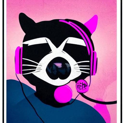 Image similar to racoon wearing pink headphones, chad, poster style, vivid colors