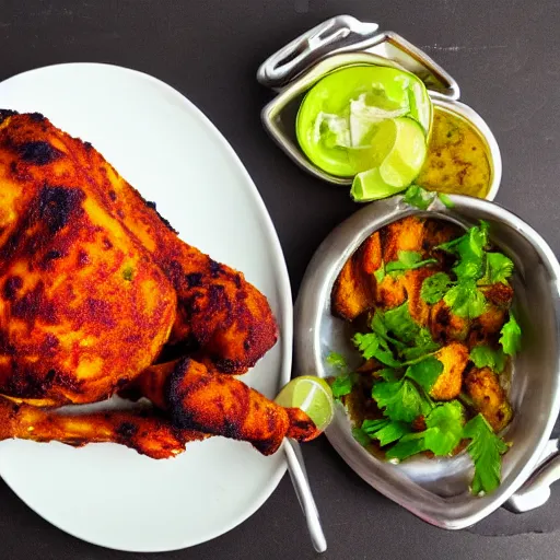 Prompt: high resolution photo of tandoori chicken, michelin star, very tasty, food photography, instagram, trending