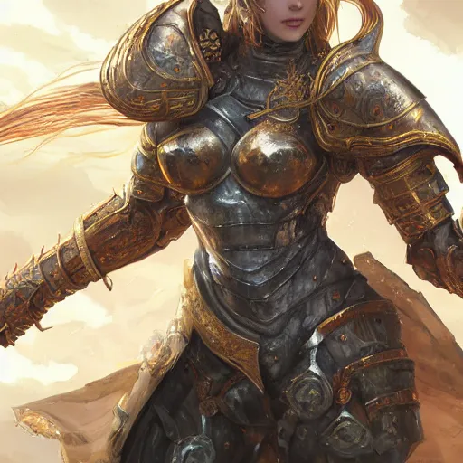 Image similar to portrait knights of Zodiac girl, golden and copper armor, in ruined Agora of Athens, ssci-fi, fantasy, intricate, very very beautiful, elegant, highly detailed, digital painting, artstation, concept art, smooth, sharp focus, illustration, art by artgerm and tian zi and WLOP