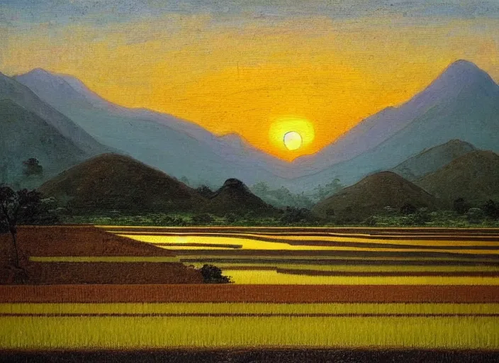 Prompt: painting of a rice paddy with two big mountains in the background, ( a wide asphalt road )!!!! divides paddy field in the middle composition, big yellow sun rising between 2 mountains, oil painting by old master masterpiece