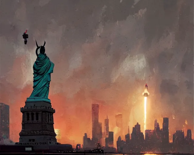 Image similar to giant Donald Trump shooting rockets at the Statue of Liberty in Manhattan, post apocalyptic New York, craig mullins, dramatic lighting, very detailed