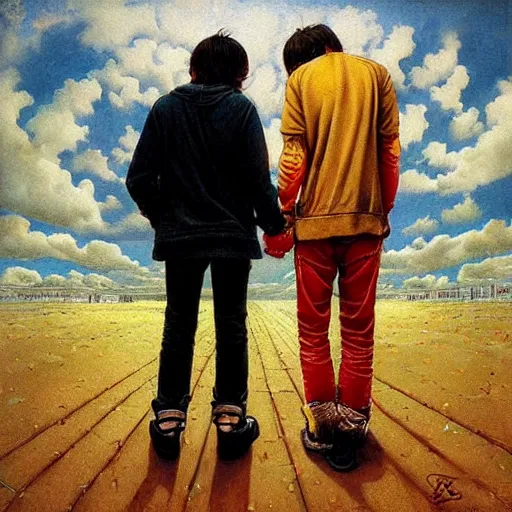 Image similar to stone roses album cover with ian brown holding hand out perspective by esao andrews