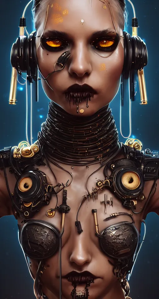 Image similar to soft lustrous ebony dark biotech raver gothic cyborg gutter punk, earbuds, golden ratio, details, scifi, fantasy, cyberpunk, intricate, decadent, highly detailed, digital painting, octane render, artstation, concept art, smooth, sharp focus, illustration, art by artgerm, loish, wlop