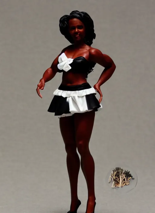 Prompt: Product Introduction Photos, 4K, Long view, Full body, 80mm resin detailed miniature of a Muscular Black Woman in white and ruffled miniskirt