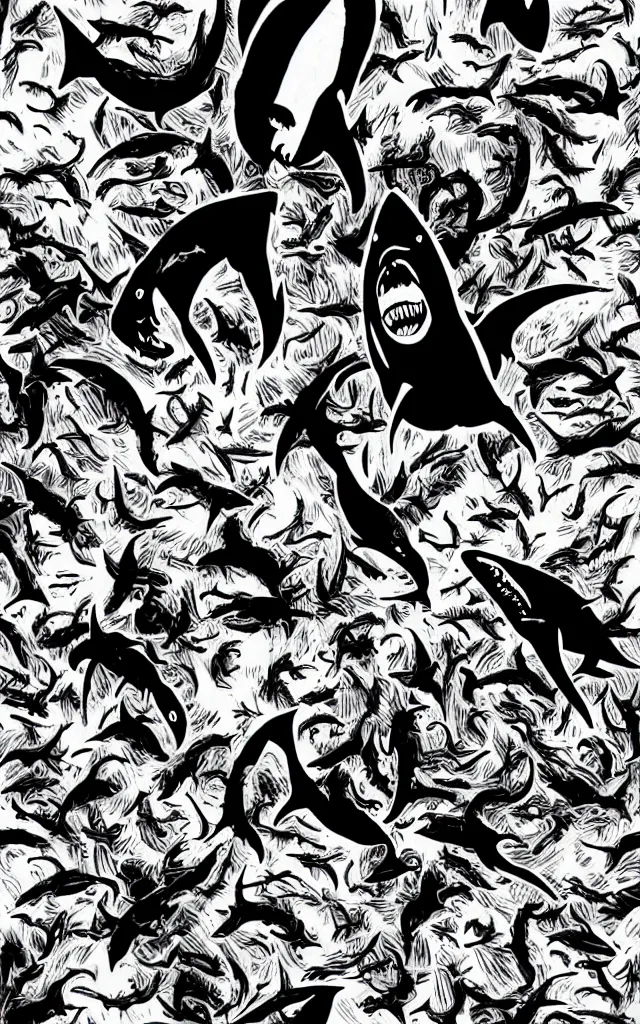 Prompt: Sharknado in the style of junji ito, manga, horror, spirals, faces, sharks