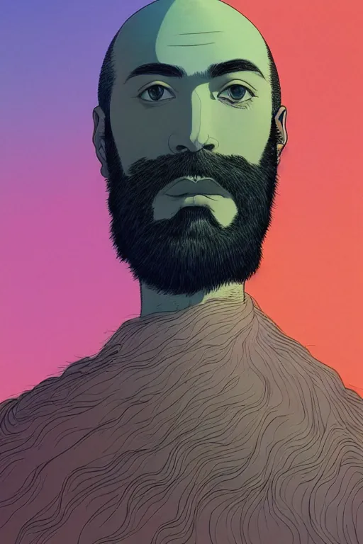 Image similar to a colorful closeup portrait of a beautiful young bald man with a very long wild beard dreaming psychedelic hallucinations in the vast icy landscape of antarctica, by kawase hasui, moebius and edward hopper, colorful flat surreal design, hd, 8 k, artstation