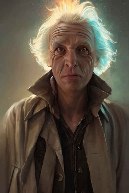 Image similar to character art by bastien lecouffe - deharme, doc emmett brown, absolute chad