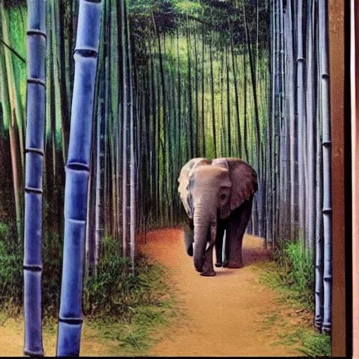 Prompt: an elephant walking through a tall bamboo forest, oil painting by hiroshi yoshida