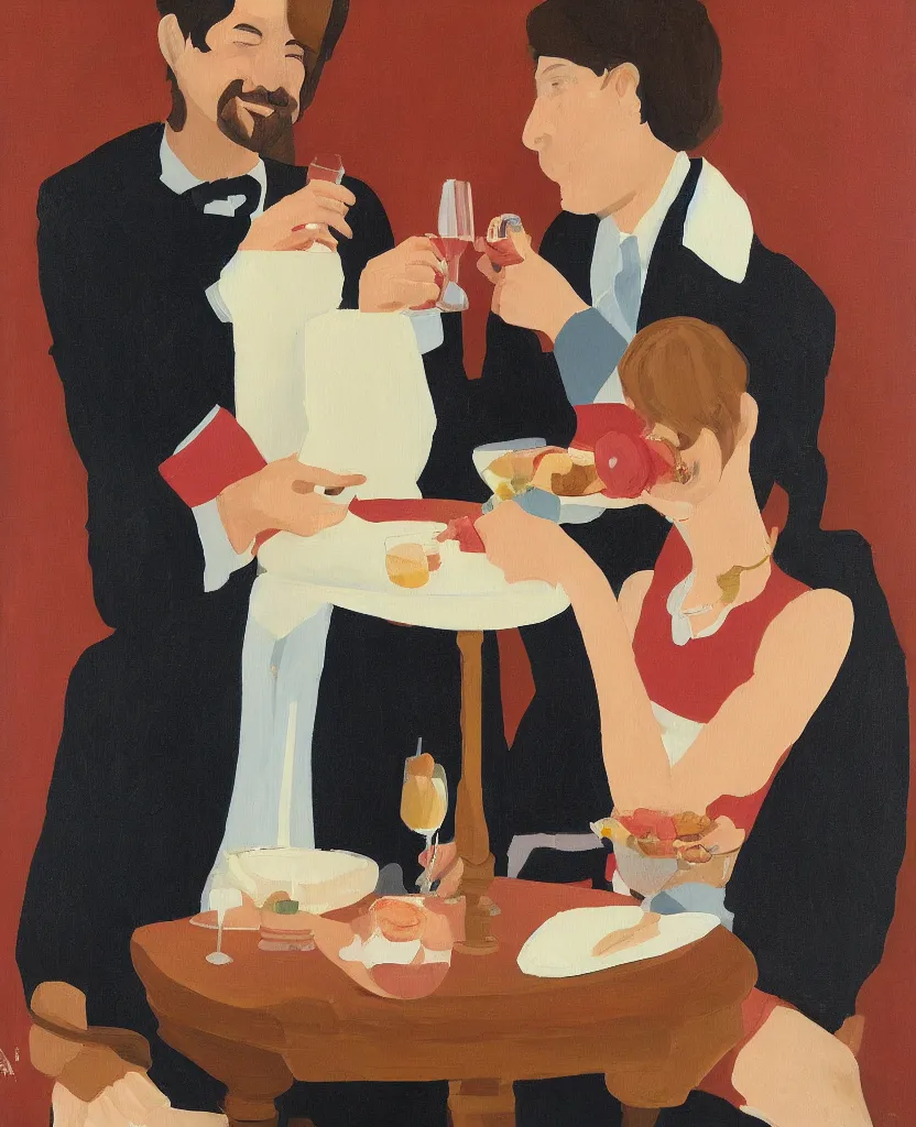 Image similar to creamy, delicious painting, portrait of a couple on a date, by wes anderson