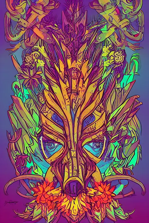 Image similar to animal mask totem roots flower tribal feather gemstone plant wood rock shaman vodoo video game vector cutout illustration vivid multicolor borderlands comics by josan gonzales and dan mumford radiating a glowing aura